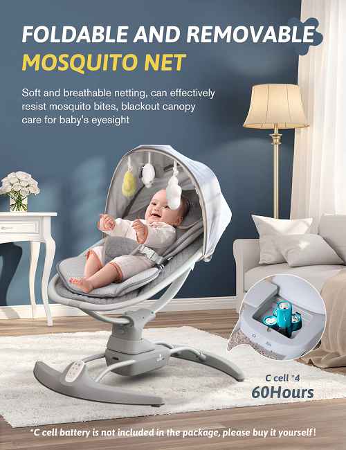 Engineered for Shared Moments: Precision-Built Baby Swing Grows with Your Child

​​Soothing Motion, Simplified​​: 
3 adjustable swing speeds with remote control.    Dad can adjust the rhythm seamlessly while Mom feeds the newborn – no disruptions.
​​Ergonomic Versatility​​: 
Multi-position reclining backrest adapts from newborn to toddler (0-12mo).    Perfect for feedings, playtime, or quiet outdoor naps.
​​Quality That Lasts​​: 
Highly durable, machine-washable seat fabric stands up to daily use.    Ready to be passed on to future siblings.
​​Parent-Tested Safety​​: 
Anti-skip weighted base ensures stability, backed by rigorous 30-day manufacturer testing. Rest easy during family time knowing baby stays securely swaying.
​​Custom Comfort Control​​: 
8 selectable melodies with volume control.    Grandma chooses gentle lullabies, Uncle picks ocean sounds – baby enjoys personalized comfort.

​​Trust & Transparency:​​
High-Quality Manufacturing: Built in an ISO-certified factory in China.
Flexible Power: Operate reliably using included 4x Type C batteries or an AC adapter (sold separately).
Pass durability tests