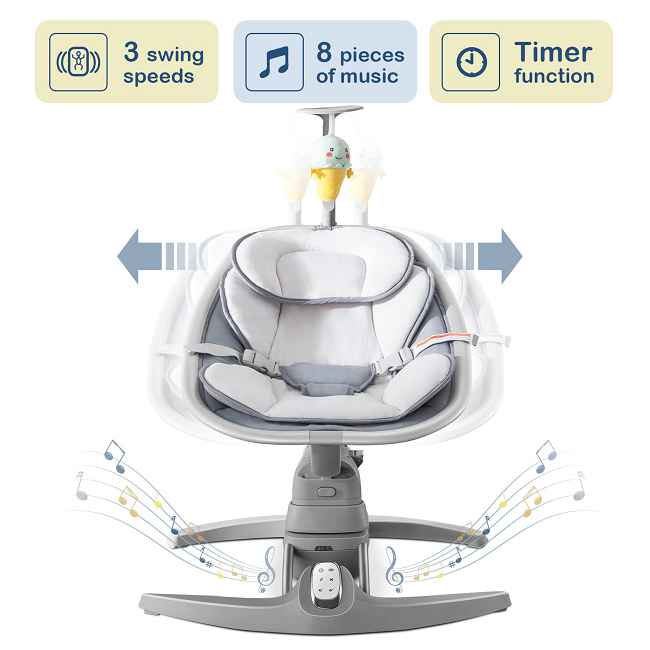 Engineered for Shared Moments: Precision-Built Baby Swing Grows with Your Child

​​Soothing Motion, Simplified​​: 
3 adjustable swing speeds with remote control.    Dad can adjust the rhythm seamlessly while Mom feeds the newborn – no disruptions.
​​Ergonomic Versatility​​: 
Multi-position reclining backrest adapts from newborn to toddler (0-12mo).    Perfect for feedings, playtime, or quiet outdoor naps.
​​Quality That Lasts​​: 
Highly durable, machine-washable seat fabric stands up to daily use.    Ready to be passed on to future siblings.
​​Parent-Tested Safety​​: 
Anti-skip weighted base ensures stability, backed by rigorous 30-day manufacturer testing. Rest easy during family time knowing baby stays securely swaying.
​​Custom Comfort Control​​: 
8 selectable melodies with volume control.    Grandma chooses gentle lullabies, Uncle picks ocean sounds – baby enjoys personalized comfort.

​​Trust & Transparency:​​
High-Quality Manufacturing: Built in an ISO-certified factory in China.
Flexible Power: Operate reliably using included 4x Type C batteries or an AC adapter (sold separately).
Pass durability tests