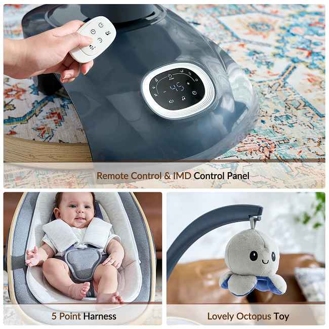 Designed for modern parents working together, this versatile solution adapts to your baby's first years, combining a premium baby swing, comfortable bassinet, and secure crib – all backed by factory-direct quality and value.

​​Parenting Partnership:​​ 
Install effortlessly in minutes, ​​without tools​​, so both parents can set up the safe sleep or play space together.
​​
Grows With Your Baby:​​ 
Start as a supportive newborn bassinet, transition to a soothing swing, and later use the secure ​​baby bed crib​​ structure – one investment covers months of development.
​​
Engineered for Reassurance:​​ 
Certified ​​5-point safety seat belt​​ and ​​patented design​​ ensure stability across all 3 recline positions and swing modes.

​​Simplified Care:
​​ ​Removable and washable seat fabric​​ withstands frequent cleaning after feedings or spills, maintaining hygiene.
​​
Precision Comfort:​​
 Choose from ​​3 pre-setting swing modes​​ and ​​3 unique swing paths​​ (covering a total arc of ~65°), each with ​​5 adjustable speeds​​ – find the exact motion to soothe even during fussy evenings.

Convenience Focused:​​ 
Manage settings easily via included ​​remote control​​ or touch buttons.  Gentle ​​music function​​ offers additional calming support.

​​Engaging Play:​​ 
​​Removable toy bar​​ with soft, ​​deluxe short plush toys​​ encourages visual tracking during supervised awake time.

​​Factory-Direct Assurance:​​ 
Experience ​​good quality factory directly​​ from our ISO-certified ​​Chinese factory​​, delivering ​​factory hot sale​​ value without compromising safety or comfort.

Built for real family life: 
durable materials, tested safety features, and simplified care.  Explore the difference genuine factory quality make