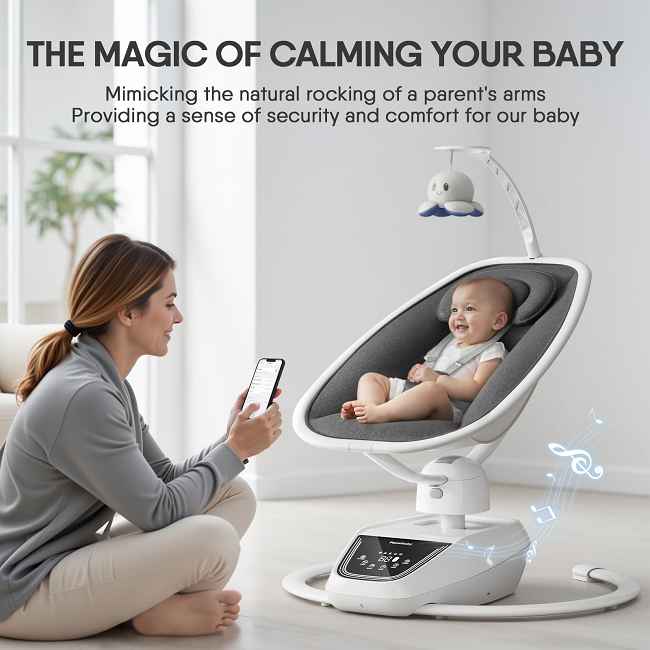 A 3-in-1 baby swing (swing + bassinet + crib) designed for parents prioritizing shared childcare and long-term investment.It offers unmatched versatility and quality at factory-direct prices.

​​Multiple control options​​ (remote, button, or touch screen):
Easily adjust settings together as parents to soothe your baby during shared moments like playtime or bedtime, enhancing teamwork without hyperbole.
​​
5 adjustable swing speeds​​:
Find the perfect motion for each developmental stage, from soothing newborns to engaging infants over months of use, to reduce fussiness and promote growth.

Stepless seat angle adjustment​​:
Customize positions for feeding or napping scenes, ensuring comfort without instability through incremental changes that support daily routines.
​​
Timer function with precise settings music​​:
Set intervals like 15-, 30-, or 60-minute cycles to establish consistent sleep patterns over time, aiding parental schedules with reliable, real-world application.      integrated music system

Washable and skin-friendly mattress​​:
Designed for easy cleaning through spills and daily wear, it supports sensitive skin through multiple washes for sustained hygiene and baby comfort.
​​
Secure 3-point seatbelt​​:
Tested for safety in diverse scenarios like active play, providing dependable protection that adapts as your child grows for years of secure use.