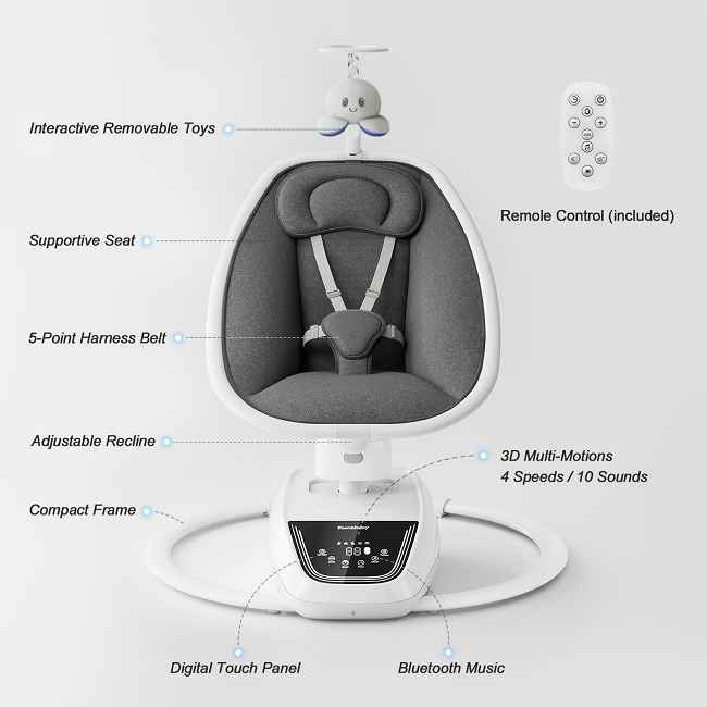 A 3-in-1 baby swing (swing + bassinet + crib) designed for parents prioritizing shared childcare and long-term investment.It offers unmatched versatility and quality at factory-direct prices.

​​Multiple control options​​ (remote, button, or touch screen):
Easily adjust settings together as parents to soothe your baby during shared moments like playtime or bedtime, enhancing teamwork without hyperbole.
​​
5 adjustable swing speeds​​:
Find the perfect motion for each developmental stage, from soothing newborns to engaging infants over months of use, to reduce fussiness and promote growth.

Stepless seat angle adjustment​​:
Customize positions for feeding or napping scenes, ensuring comfort without instability through incremental changes that support daily routines.
​​
Timer function with precise settings music​​:
Set intervals like 15-, 30-, or 60-minute cycles to establish consistent sleep patterns over time, aiding parental schedules with reliable, real-world application.      integrated music system

Washable and skin-friendly mattress​​:
Designed for easy cleaning through spills and daily wear, it supports sensitive skin through multiple washes for sustained hygiene and baby comfort.
​​
Secure 3-point seatbelt​​:
Tested for safety in diverse scenarios like active play, providing dependable protection that adapts as your child grows for years of secure use.