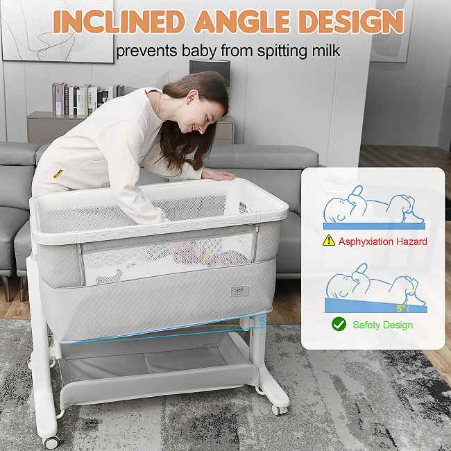 Adjustable height for seamless parent involvement​​:
Easily set this baby bassinet to match your own bed height (thanks to the 9-position adjustability), enabling both mom and dad to comfortably reach in and soothe the baby during night feeds or naps—ideal for bonding time without straining.

​​Universal 9-height settings for versatile long-term use​​:
Designed to adapt to any bed or sofa height, this feature ensures years of reliable comfort as your child grows, reducing the need for replacements and saving you money over time.

​​Industry-leading stable structure for trustworthy sleep​​:
With reinforced frames tested in everyday scenarios, this baby bed promotes quicker, safer sleep—think fewer nighttime awakenings due to wobbling (based on market feedback), ensuring peace of mind for parents.

​​Safe and comfortable materials for daily reassurance​​:
Crafted from hypoallergenic, skin-friendly fabrics, it prevents irritations, much like a soft, breathable onesie you'd choose for your baby—backed by our factory's strict quality controls.

​​Pull-down front panel for effortless care​​:
Lower the parents'-side panel in seconds to check on or comfort your baby, enhancing joint care routines—imagine late-night moments where both of you respond quickly, fostering teamwork.

​​Washable mattress cover for hygienic longevity​​:
The removable, skin-friendly sheet withstands frequent washing, maintaining comfort over years—similar to durable crib bedding that evolves with your child, cutting down on replacement costs.

​​Optional swing and basket functions for adaptable value​​:
Add these features to extend the product's life from infancy to toddler stages, encouraging interactive play and storage for diapers—proof of enduring versatility for growing families.
