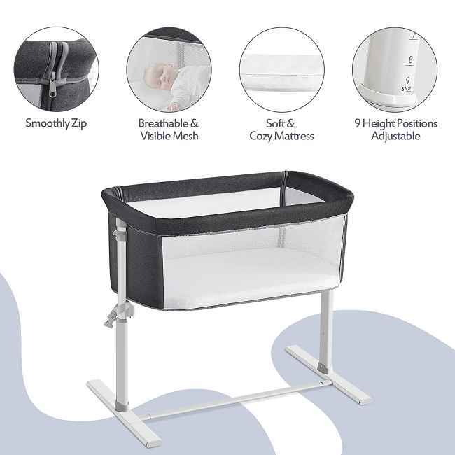 ​​Co-Sleeping Convenience:​​
Adjust this bedside crib to match your adult bed height (9 adjustable levels) for effortless nighttime feeding, comforting, and bonding.  Easily reach your baby without leaving your bed.

Secure & Stable Sleep:​​
A robust, rigid frame minimizes wobble, providing the steady foundation babies need for deeper, longer-lasting sleep.

Safety & Comfort Assured:​​
Built with certified, non-toxic materials and features a firm, supportive mattress wrapped in a soft, skin-friendly cover.

Seamless Parental Care:​​
The front side lowers for instant access, letting you comfort or attend to your baby quickly and maintain closeness while they rest securely in their own space.

Complete, Easy-Clean Setup:​​
Includes a quality mattress and a removable, washable cover for simple hygiene – ensuring a consistently clean, comfortable sleep environment.

Enduring Quality, Direct Value:​​
Benefit from factory-direct savings on a bedside crib built under strict quality-controlled processes by an experienced Chinese manufacturer known for durable infant products.