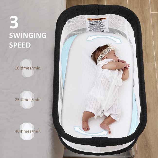 5 Adjustable Height Settings​​:
Customize to your baby's growth stages or your preference, allowing both moms and dads to adapt the bassinet easily for long-term use;
switch between levels as your baby grows, eliminating the need for frequent replacements.

​​Stable Structure for Easier Sleep​​:
Engineered with a solid steel frame (tested for safety) that reduces wobble, providing a secure environment where babies fall asleep faster in minutes during real-life scenarios like overnight shifts or noisy daytime routines.

​​High-Quality Fabric with Mesh Design​​: Premium, comfortable fabric and breathable mesh panels—inspired by Chinese factory expertise—allow parents to monitor and care for baby effortlessly;
wipe clean spills in seconds, saving time during busy days.

​​Comfortable Mattress with Washable Cover​​: Includes a skin-friendly, washable sheet (removable in under 5 seconds) that creates a cozy, hygienic space for baby;      perfect for parents sharing diaper changes or skin-to-skin moments without worries.

​​Music Box with 8 Melodies and Volume Control​​: Play soft melodies (e.g., lullabies or nature sounds) adjustable via volume buttons, letting both parents soothe their child during fussy times;
the turn-on/off feature prevents disturbance during quiet hours.

​​Movement Detector and Remote Control​​:
Automatically sense baby's motions to adjust settings or alert parents, enabling caregivers to respond remotely for uninterrupted bonding—ideal for households with multiple caregivers juggling work and family.