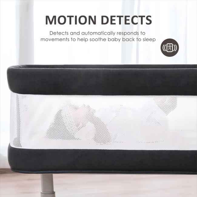 5 Adjustable Height Settings​​:
Customize to your baby's growth stages or your preference, allowing both moms and dads to adapt the bassinet easily for long-term use;
switch between levels as your baby grows, eliminating the need for frequent replacements.

​​Stable Structure for Easier Sleep​​:
Engineered with a solid steel frame (tested for safety) that reduces wobble, providing a secure environment where babies fall asleep faster in minutes during real-life scenarios like overnight shifts or noisy daytime routines.

​​High-Quality Fabric with Mesh Design​​: Premium, comfortable fabric and breathable mesh panels—inspired by Chinese factory expertise—allow parents to monitor and care for baby effortlessly;
wipe clean spills in seconds, saving time during busy days.

​​Comfortable Mattress with Washable Cover​​: Includes a skin-friendly, washable sheet (removable in under 5 seconds) that creates a cozy, hygienic space for baby;      perfect for parents sharing diaper changes or skin-to-skin moments without worries.

​​Music Box with 8 Melodies and Volume Control​​: Play soft melodies (e.g., lullabies or nature sounds) adjustable via volume buttons, letting both parents soothe their child during fussy times;
the turn-on/off feature prevents disturbance during quiet hours.

​​Movement Detector and Remote Control​​:
Automatically sense baby's motions to adjust settings or alert parents, enabling caregivers to respond remotely for uninterrupted bonding—ideal for households with multiple caregivers juggling work and family.