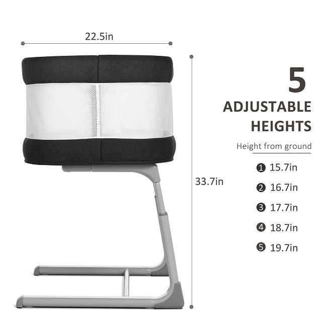5 Adjustable Height Settings​​:
Customize to your baby's growth stages or your preference, allowing both moms and dads to adapt the bassinet easily for long-term use;
switch between levels as your baby grows, eliminating the need for frequent replacements.

​​Stable Structure for Easier Sleep​​:
Engineered with a solid steel frame (tested for safety) that reduces wobble, providing a secure environment where babies fall asleep faster in minutes during real-life scenarios like overnight shifts or noisy daytime routines.

​​High-Quality Fabric with Mesh Design​​: Premium, comfortable fabric and breathable mesh panels—inspired by Chinese factory expertise—allow parents to monitor and care for baby effortlessly;
wipe clean spills in seconds, saving time during busy days.

​​Comfortable Mattress with Washable Cover​​: Includes a skin-friendly, washable sheet (removable in under 5 seconds) that creates a cozy, hygienic space for baby;      perfect for parents sharing diaper changes or skin-to-skin moments without worries.

​​Music Box with 8 Melodies and Volume Control​​: Play soft melodies (e.g., lullabies or nature sounds) adjustable via volume buttons, letting both parents soothe their child during fussy times;
the turn-on/off feature prevents disturbance during quiet hours.

​​Movement Detector and Remote Control​​:
Automatically sense baby's motions to adjust settings or alert parents, enabling caregivers to respond remotely for uninterrupted bonding—ideal for households with multiple caregivers juggling work and family.