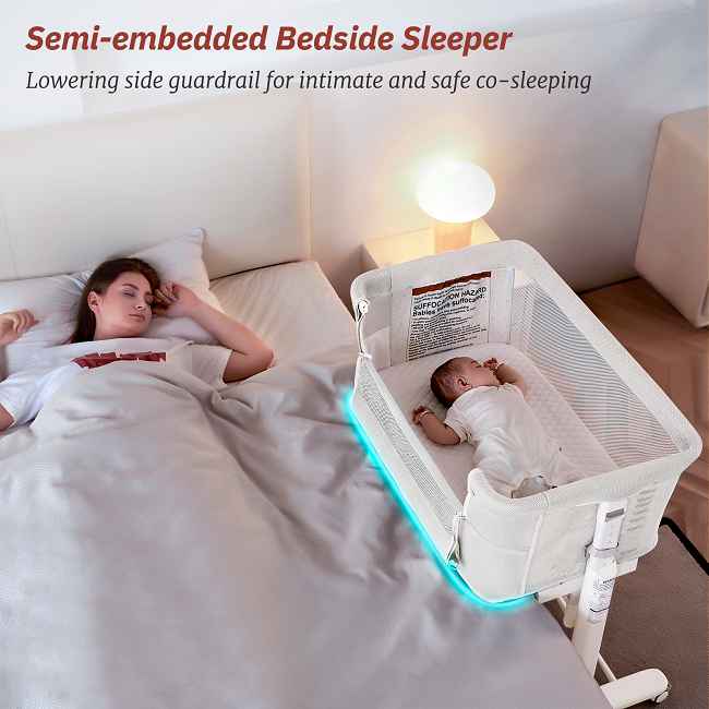 Co-sleep safely with the best adjustable baby bassinet. Hot sale, factory-direct baby crib with 9-level height, stable structure, and pull-down side makes nighttime care easy.