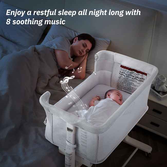 Co-sleep safely with the best adjustable baby bassinet. Hot sale, factory-direct baby crib with 9-level height, stable structure, and pull-down side makes nighttime care easy.