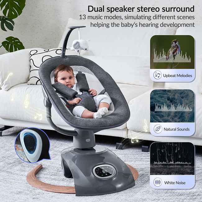 Electric baby swing with 3 recline positions, remote control, and music. Free your hands with 8 unique swing modes, 5-point safety, and tool-free setup. Hot sale factory direct!
