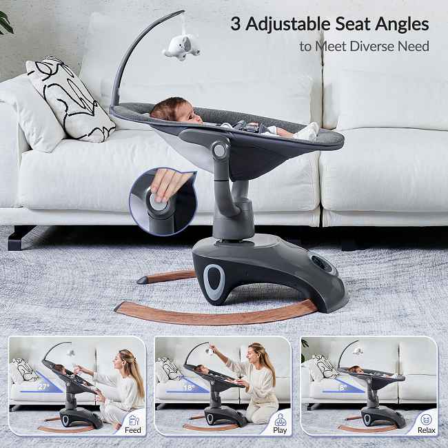 Electric baby swing with 3 recline positions, remote control, and music. Free your hands with 8 unique swing modes, 5-point safety, and tool-free setup. Hot sale factory direct!