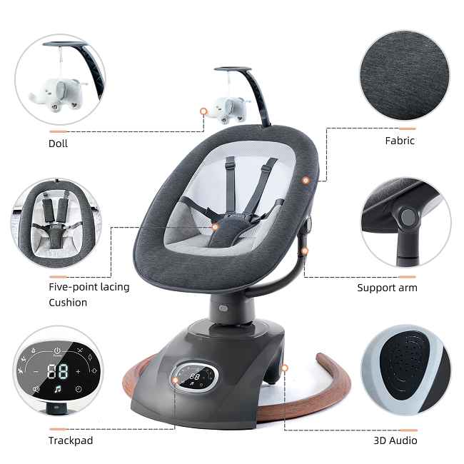 Electric baby swing with 3 recline positions, remote control, and music. Free your hands with 8 unique swing modes, 5-point safety, and tool-free setup. Hot sale factory direct!