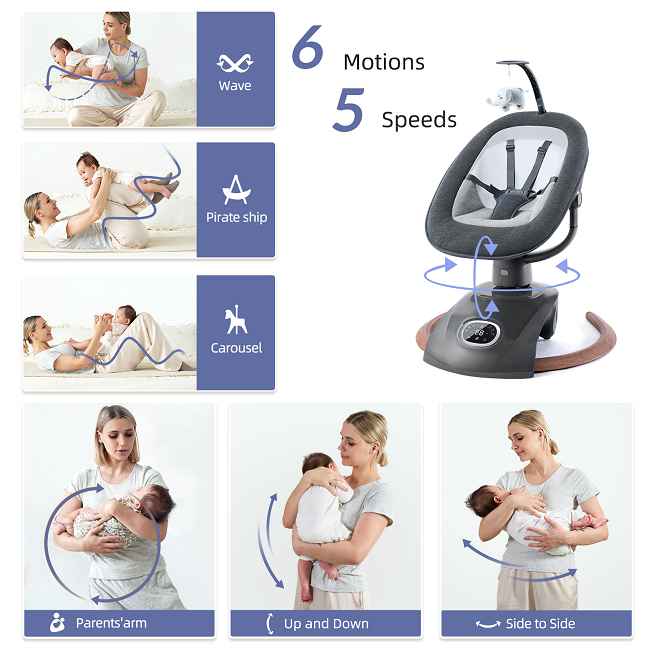 Electric baby swing with 3 recline positions, remote control, and music. Free your hands with 8 unique swing modes, 5-point safety, and tool-free setup. Hot sale factory direct!